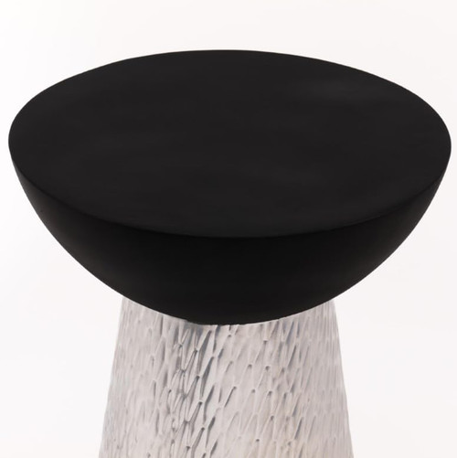Modern Accent Hourglass Design Side Table with Silver Hammered Metal Base and Matte Black Wooden Bowl Top – Decorative Round Pedestial End Table for Living Room, Bedroom, or Entryway,Assembled