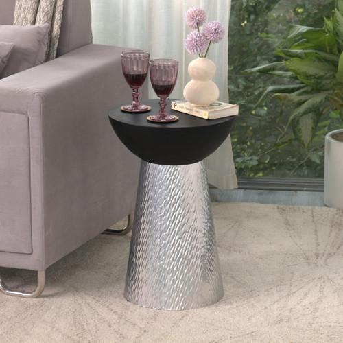 Modern Accent Hourglass Design Side Table with Silver Hammered Metal Base and Matte Black Wooden Bowl Top – Decorative Round Pedestial End Table for Living Room, Bedroom, or Entryway,Assembled