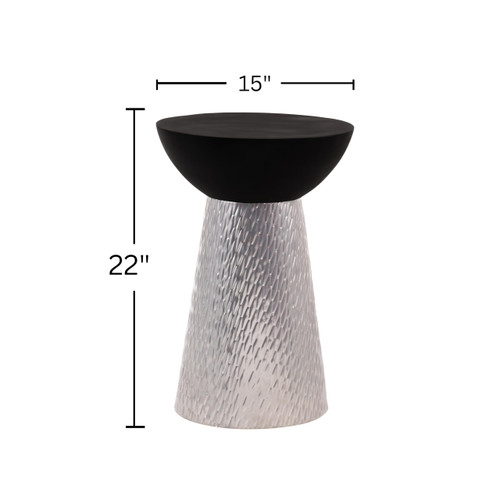 Modern Accent Hourglass Design Side Table with Silver Hammered Metal Base and Matte Black Wooden Bowl Top – Decorative Round Pedestial End Table for Living Room, Bedroom, or Entryway,Assembled