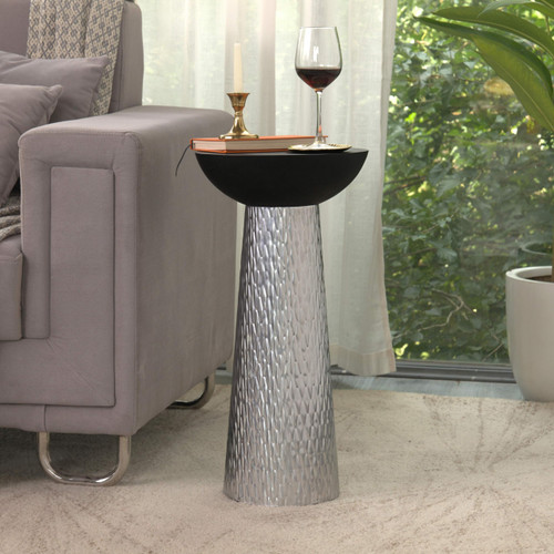 Tall Modern Accent Hourglass Design Drink Table with Silver Hammered Metal Base and Black Wooden Bowl Top – Sculptural Round Pedestial Side Table for Small Spaces, Living Room, Bedroom,Assembled
