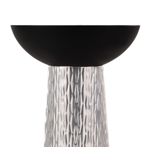 Tall Modern Accent Hourglass Design Drink Table with Silver Hammered Metal Base and Black Wooden Bowl Top – Sculptural Round Pedestial Side Table for Small Spaces, Living Room, Bedroom,Assembled