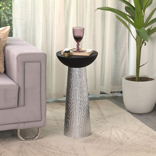 Tall Modern Accent Hourglass Design Drink Table with Silver Hammered Metal Base and Black Wooden Bowl Top – Sculptural Round Pedestial Side Table for Small Spaces, Living Room, Bedroom,Assembled