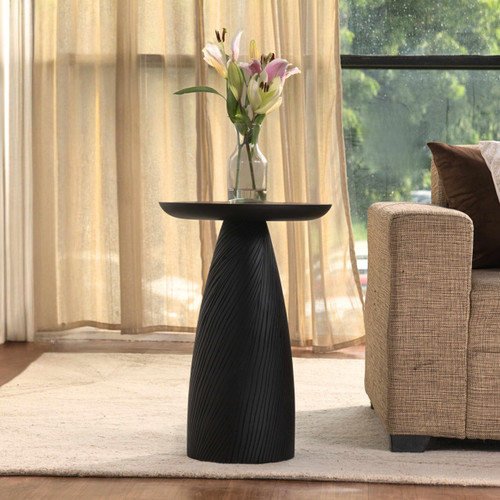 Mid-Century Farmhouse Cottagecore Accent Drink Table, Round Solid Mango Wood Accent Table with Carved Cone Base Minimalist Design for Small Spaces, Living Room, Bedroom or Entryway, Black, Assembled