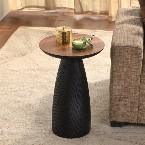 Mid-Century Farmhouse Cottagecore Accent Drink Table, Round Solid Mango Wood Accent Table with Carved Cone Base Minimalist Design for Small Spaces, Living Room, Bedroom or Entryway, Black, Assembled