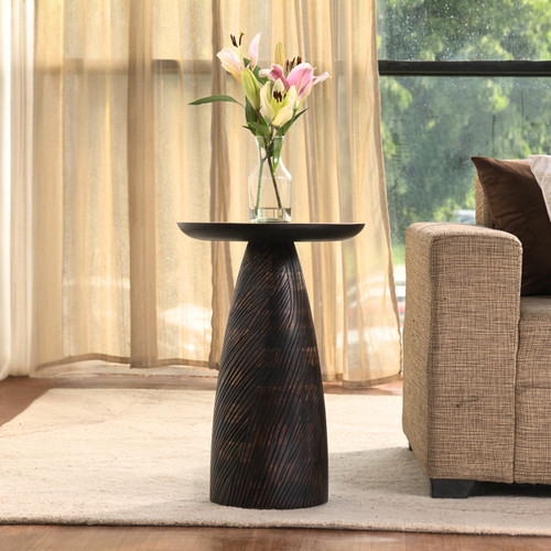 Mid-Century Farmhouse Cottagecore Accent Drink Table, Round Solid Mango Wood Accent Table with Carved Cone Base Minimalist Design for Small Spaces, Living Room, Bedroom or Entryway, Walnut, Assembled