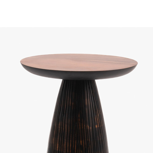 Mid-Century Farmhouse Cottagecore Accent Drink Table, Round Solid Mango Wood Accent Table with Carved Cone Base Minimalist Design for Small Spaces, Living Room, Bedroom or Entryway, Brown, Assembled