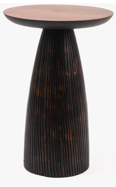 Mid-Century Farmhouse Cottagecore Accent Drink Table, Round Solid Mango Wood Accent Table with Carved Cone Base Minimalist Design for Small Spaces, Living Room, Bedroom or Entryway, Brown, Assembled