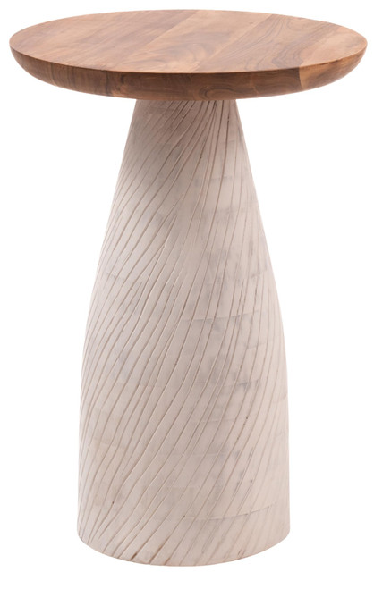 Modern Round Wood Accent Table with Carved Cone Base Solid Mango Wood Side Table for Living Room, Bedroom or Entryway White,Assembled