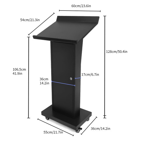 Podium Stand with 4 Locking Wheels, Lecterns & Podiums for Church School Office Conference Home, Heavy Duty Metal, Large Storage Area, Slant Desktop, 50.4" H