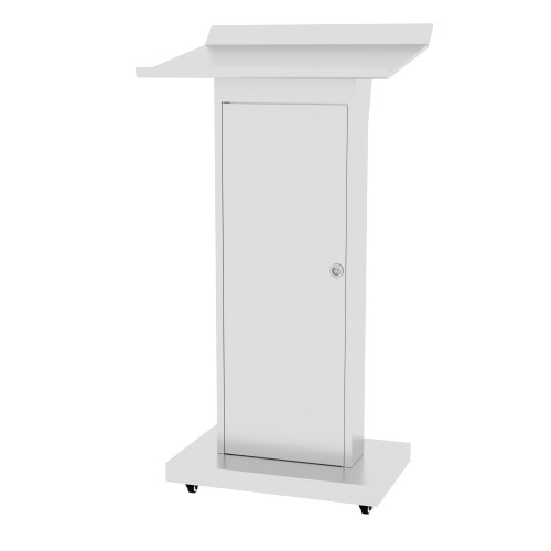 Podium Stand with 4 Locking Wheels, Lecterns & Podiums for Church School Office Conference Home, Heavy Duty Metal, Large Storage Area, Slant Desktop, 50.4" H, White