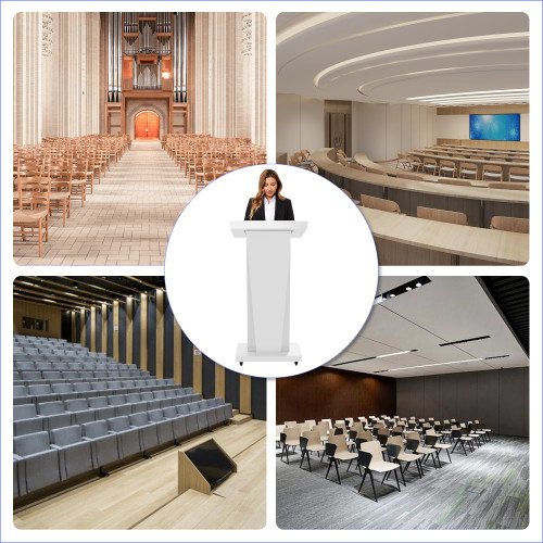 Podium Stand with 4 Locking Wheels, Lecterns & Podiums for Church School Office Conference Home, Heavy Duty Metal, Large Storage Area, Slant Desktop, 50.4" H, White