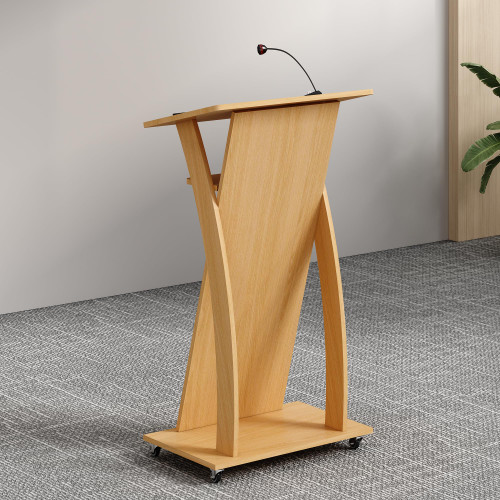 Mobile Wooden Podium Stand with Wheels Lectern Oak Color 16MM Wood Board Elegant Design Wooden Pulpit for Churches Seminars and Schools