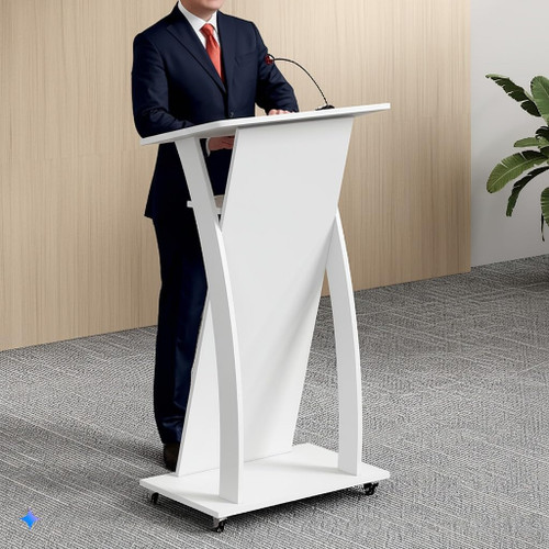 Mobile Wooden Podium Stand with Wheels Lectern White 16MM Wood Board Elegant Design Wooden Churche Pulpit