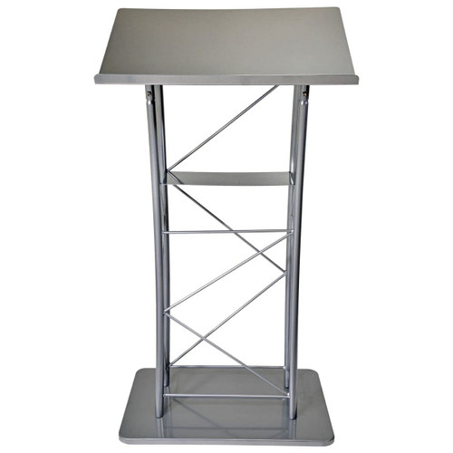 Large Curved Lectern with Shelf, Stand Up Church Pulpit, Slanted Lectern, Conference Podium for Speakers, Speeches, and Other Occasions- Truss Lectern, Silver Powder Coat Finish, Metal
