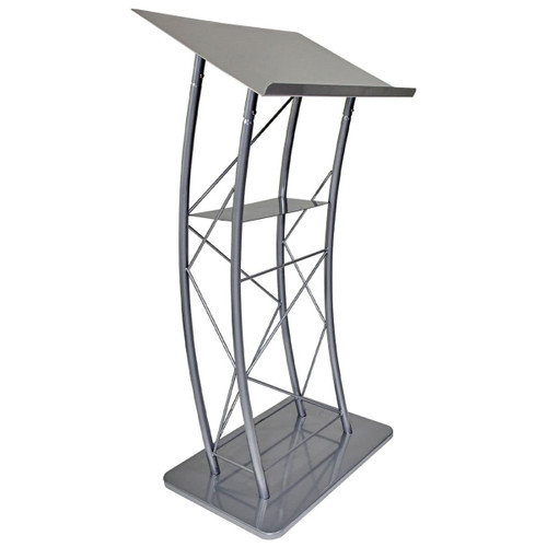 Large Curved Lectern with Shelf, Stand Up Church Pulpit, Slanted Lectern, Conference Podium for Speakers, Speeches, and Other Occasions- Truss Lectern, Silver Powder Coat Finish, Metal