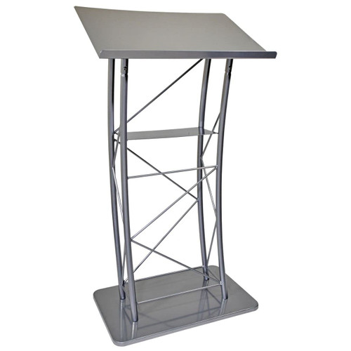Large Curved Lectern with Shelf, Stand Up Church Pulpit, Slanted Lectern, Conference Podium for Speakers, Speeches, and Other Occasions- Truss Lectern, Silver Powder Coat Finish, Metal