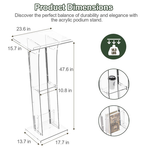 Acrylic Clear Lecterns Podium Stand, 48 Inch - Pulpits with Storage Shelf for Churches, Conference, Speeches, Weddings, Classrooms, Professional Presentation Podiums (Transparent)