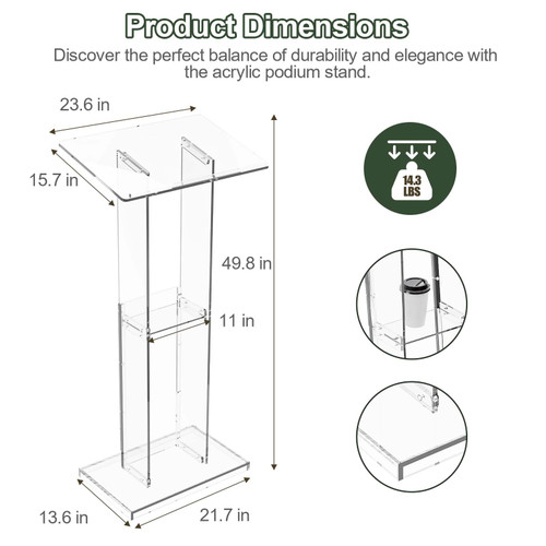 Acrylic Clear Lecterns Podium Stand, 50 Inch - Pulpits for Classrooms, Weddings, Churches, Conference, Speeches, Professional Presentation Podiums with Storage Shelf (Transparent)