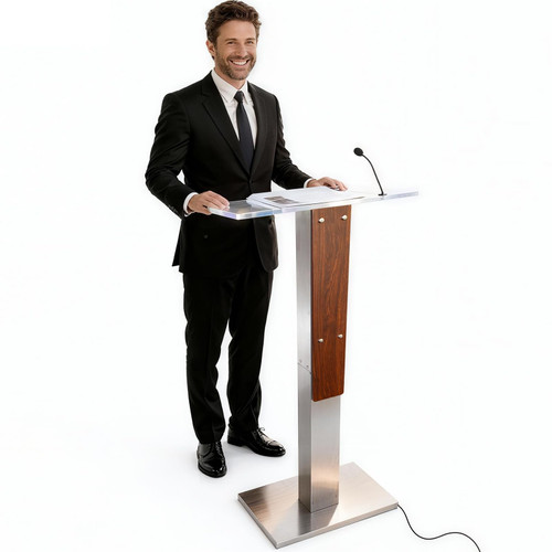 Stainless Steel Podium Stand with Acrylic Reading Surface & Hidden Cable Entry, Professional Modern Podium Stand with Wood Decoration for Church, Podium Stand for Church, Conference, Speech, Wedding
