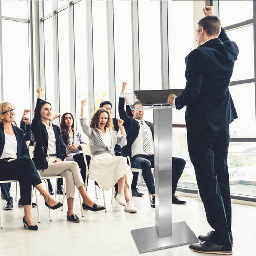 Stainless Steel Podium Stand with Acrylic Reading Surface & Hidden Cable Entry, Professional Modern Podium Stand with Wood Decoration for Church, Podium Stand for Church, Conference, Speech, Wedding