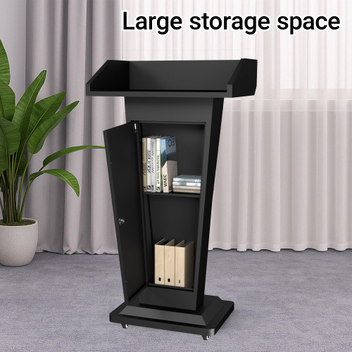 Metal Podium Stand with 4 Locking Wheels, Mobile Metal Lectern with Storage Cabinets, Laptop Desk, 46.5”H Modern Pulpit for Church, School, Office and Conference, Black