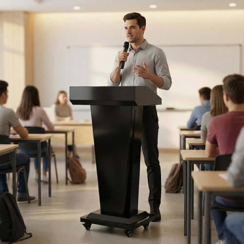 Metal Podium Stand with 4 Locking Wheels, Mobile Metal Lectern with Storage Cabinets, Laptop Desk, 46.5”H Modern Pulpit for Church, School, Office and Conference, Black