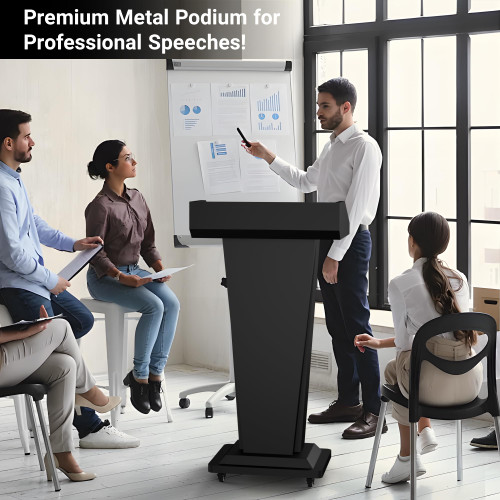 Metal Podium Stand with 4 Locking Wheels, Mobile Metal Lectern with Storage Cabinets, Laptop Desk, 46.5”H Modern Pulpit for Church, School, Office and Conference, Black