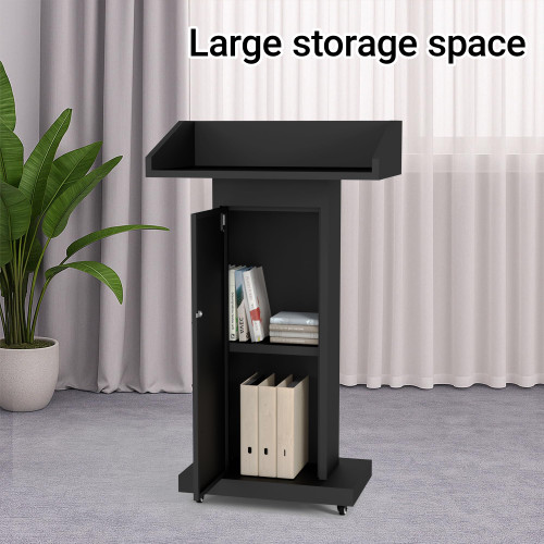 Podium Stand with 4 Lockable Wheels, Heavy-Duty Metal Lecterns & Podiums with Hidden Storage, 46.5”H Portable Pulpit for Church, School, Office and Conference, Black