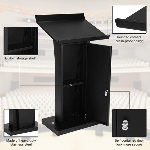 Professional Podium Stand, 43.3" Height Metal Lectern with Storage Shelf, Heavy Duty Speech Desk for Church, Conference & Wedding Ceremony