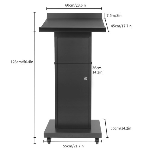 Metal Podium Stand with Lockable Wheels, 50.4"H Mobile Metal Lectern with Slanted Desktop & Large Storage, Modern Pulpit for Public Speaking, Church, School, Office and Conference, Black
