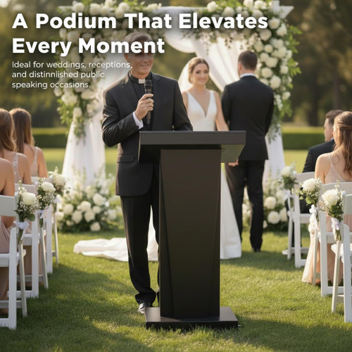 Metal Podium Stand with Lockable Wheels, 50.4"H Mobile Metal Lectern with Slanted Desktop & Large Storage, Modern Pulpit for Public Speaking, Church, School, Office and Conference, Black