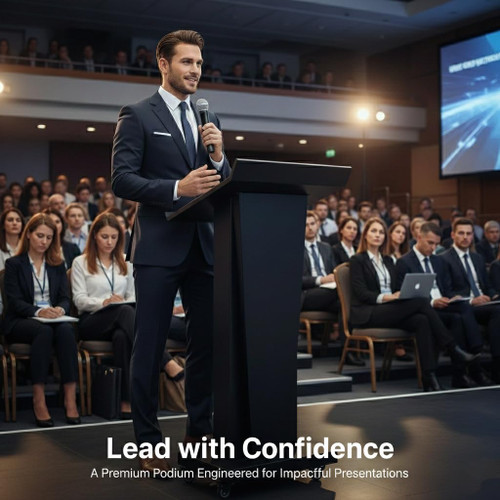 Metal Podium Stand with Lockable Wheels, 50.4"H Mobile Metal Lectern with Slanted Desktop & Large Storage, Modern Pulpit for Public Speaking, Church, School, Office and Conference, Black