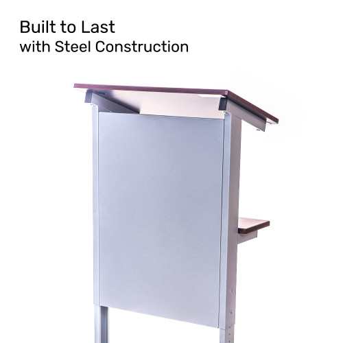 Adjustable Height Lectern Podium | Rolling Desk with Storage Shelf | Ergonomic Standing Desk Frame for Office, Classroom, Laptop, Teaching, Presentations & More (Dark Walnut)