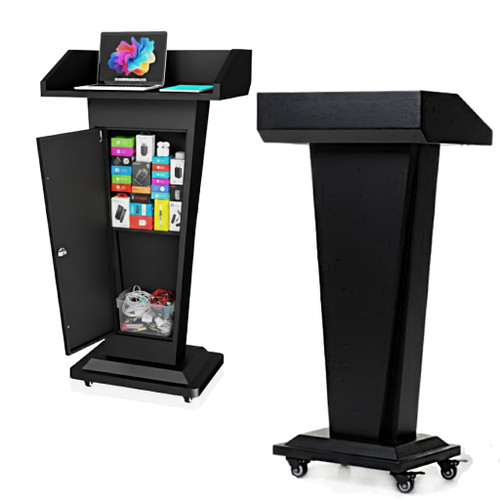 Heavy-Duty Black Metal Podium Stand with Lockable Wheels | Mobile Lectern with Storage Cabinet & Standard 50.4" Height | for Conference Rooms, Churches, Classrooms & Events