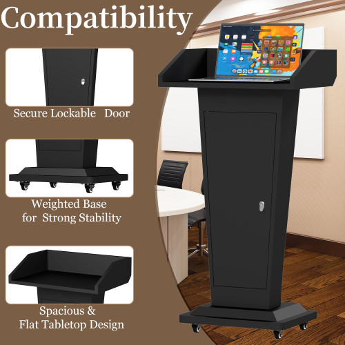 Heavy-Duty Black Metal Podium Stand with Lockable Wheels | Mobile Lectern with Storage Cabinet & Standard 50.4" Height | for Conference Rooms, Churches, Classrooms & Events