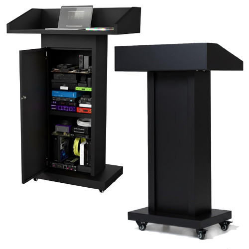 Heavy-Duty Black Metal Podium Stand with Lockable Wheels | Mobile Lectern with Storage Cabinet & Standard 50.4" Height | for Conference Rooms, Churches, Classrooms & Events (Style 3)