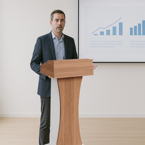 Mobile Wooden Podium Stand with Lockable Wheels Modern Presentation Blockboard Lectern Black Walnut Color with Storage Shelves for Office, Church, Classroom, Conference Room