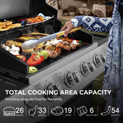 4 Burners Gas Grill with Side Burner, Propane Grill with Wheels and Storage, Outdoor Gas BBQ with Oil Tray and Thermometer for Patio and Party, 49200 BTU