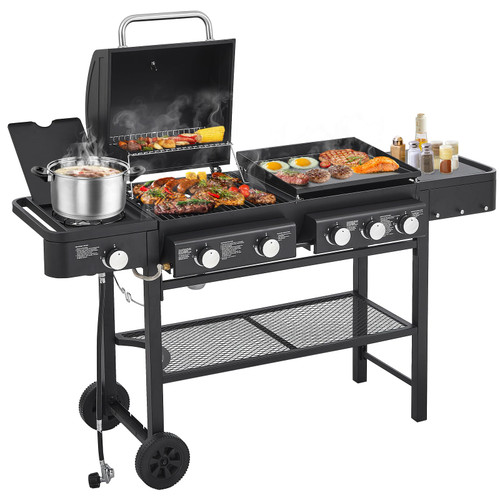 5 Burners Gas Grill and Griddle Combo with Side Burner, Propane Gas Grills with Heavy-duty Enamel Grate, Durable BBQ Outdoor Flat Top Grill for Backyard and Patios, 56000 BTU