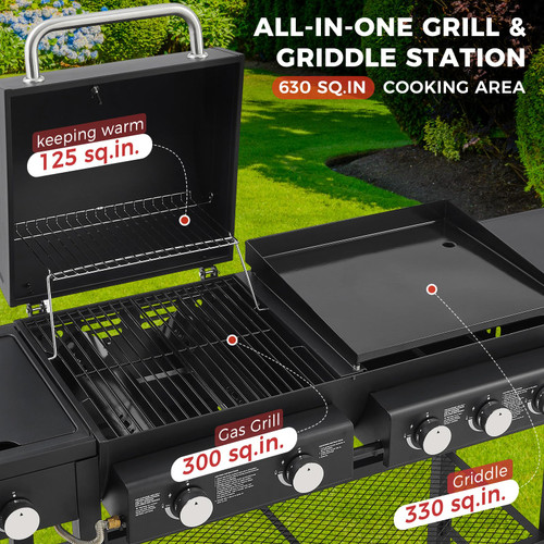 5 Burners Gas Grill and Griddle Combo with Side Burner, Propane Gas Grills with Heavy-duty Enamel Grate, Durable BBQ Outdoor Flat Top Grill for Backyard and Patios, 56000 BTU