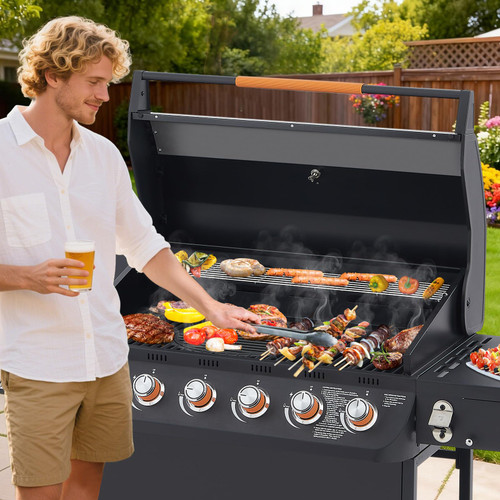 6 Burner Propane Gas Grill with Side Burner, Gas BBQ Grills With Porcelain-Enameled Cast Iron Grates and Bottle Opener, Grill for Outdoor Cooking, Patios, Backyards, 72000BTU