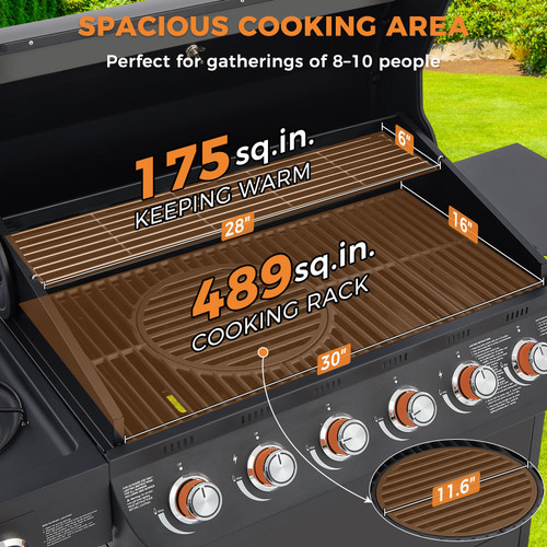 6 Burner Propane Gas Grill with Side Burner, Gas BBQ Grills With Porcelain-Enameled Cast Iron Grates and Bottle Opener, Grill for Outdoor Cooking, Patios, Backyards, 72000BTU