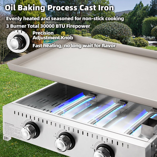 3 Burner 30000 BTU Outdoor Gas Griddle with Lid (Side Shelf), Portable Flat Top Griddle 28 Inch Heavy- Duty Cast lron Grill, Bottle Rack & Grease Pan for Camping, Picnic, Patio