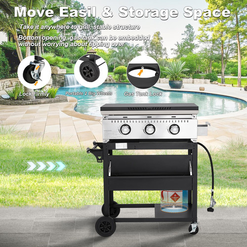 3 Burner 30000 BTU Outdoor Gas Griddle with Lid (Side Shelf), Portable Flat Top Griddle 28 Inch Heavy- Duty Cast lron Grill, Bottle Rack & Grease Pan for Camping, Picnic, Patio