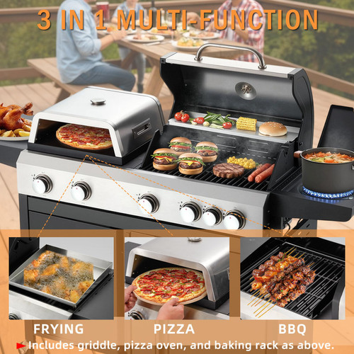 3 IN 1 Pizza Griddle Grill Combo, 74,000 BTU 5 Burner Stainless Steel Propane Gas Grill with Side Burner,Pizza Oven, Griddle and Porcelain Enameled Cast Iron Grates for Outdoor Patio Backyard