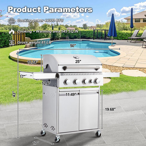 Stainless Steel 4 Burner BBQ Propane Gas Grill with Cast Iron Grates & Side Stove, Stainless Steel 44000 BTU Burner Barbecue Grill for Patio,Camping, Outdoor Cooking