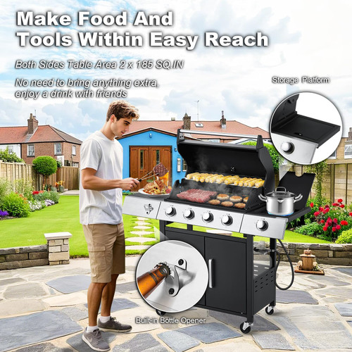 Upgraded 44,000 BTU Stainless Steel Burner Barbecue Grill, 4 Burner BBQ Propane Gas Grill with Side Stove & Cast Iron Grates for Patio, Camping, Outdoor Cooking