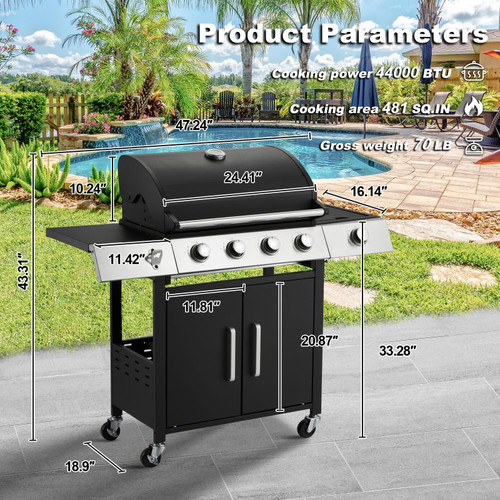 Upgraded 44,000 BTU Stainless Steel Burner Barbecue Grill, 4 Burner BBQ Propane Gas Grill with Side Stove & Cast Iron Grates for Patio, Camping, Outdoor Cooking