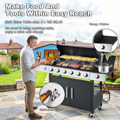 Upgraded 60,000 BTU Stainless Steel Burner Barbecue Grill, 6 Burner BBQ Propane Gas Grill with Side Stove & Cast Iron Grates for Patio, Camping, Outdoor Cooking