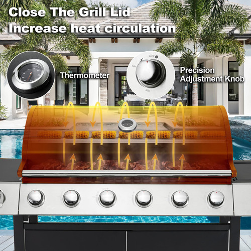 Upgraded 60,000 BTU Stainless Steel Burner Barbecue Grill, 6 Burner BBQ Propane Gas Grill with Side Stove & Cast Iron Grates for Patio, Camping, Outdoor Cooking